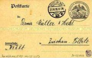Postkartenvordruck der Kriegs-Rohstoff-Abteilung mit der Zusage der Freigabe von beantragten Rohstoffen an eine Firma in Zwickau