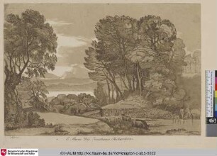 [Landschaft mit einer trinkenden Kuhherde, links der ruhende Hirt.]