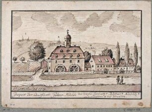 Ansicht des Herrenhauses der kurfürstlichen Pulvermühle, des Dorfes Pesterwitz, Roßtal, Naußlitz, Löbtau bei Dresden