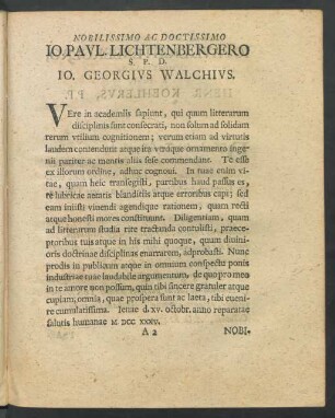 Nobilissimo Ac Doctissimo Jo. Paul. Lichtenbergero S.P.D. Jo. Georgius Walchius