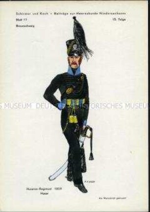 Uniformdarstellung, Gemeiner des Husaren-Regiments, Kurfürstentum Braunschweig, 1809.