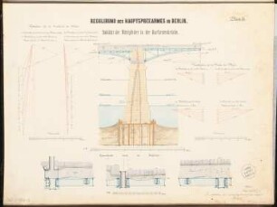 Flussregulierung der Spree, Berlin-Mitte Schinkelwettbewerb 1876: Kurfürstenbrücke: Schnitt durch den Mittelträger 1:50; Details 1:10; Kräftediagramme; 4 Maßstabsleisten