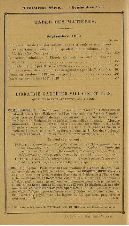Table des matières. Septembre 1893.