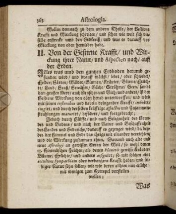 II. Von der Gestirne Krafft, und Wirckung ihrer Natur, und Aspecten nach, auff der Erden.