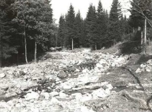Mündung des Sernitzbaches (Schwarzbach) in die Müglitz bei Müglitz. Sedimentation groben Schuttes nach der Unwetterkatastrophe am 8./9. Juli 1927