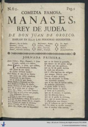 Comedia Famosa. Manases, Rey De Judea.