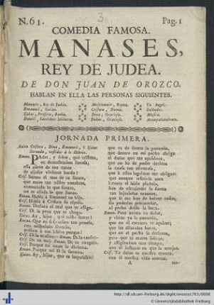 Comedia Famosa. Manases, Rey De Judea.