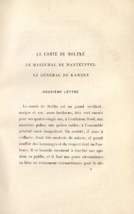Le comte de Moltke. Le maréchal de Manteuffel. Le général de Kameke. Douzième lettre