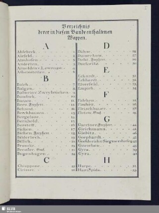 Verzeichniß derer in diesem Bande enthaltenen Wappen