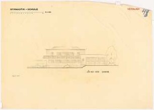 Gymnastikschule am See Monatskonkurrenz Dezember 1932: Aufriss Südostansicht 1:100; Maßstabsleiste