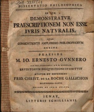 Dissertatio Philosophica In Qva Demonstratvr Praescriptionem Non Esse Ivris Natvralis