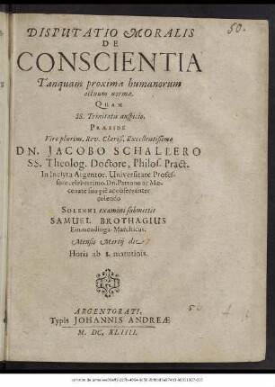 Disputatio Moralis De Conscientia Tanquam proxima humanorum actuum norma