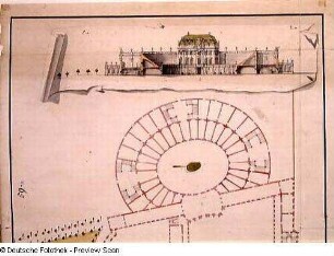 Lageplan, Grundrisse, Aufrisse, Schnitte eines Amphitheaters, Blatt 59 a
