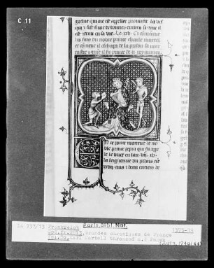 Grandes Chroniques de France — Karl Martell thronend mit zwei Pagen, Folio fol. 80