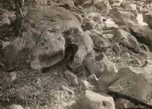 Chemnitztal bei Schweizerthal. Angebohrter Block am Ufer, dicht oberhalb des unteren Steges (rechtes Ufer)