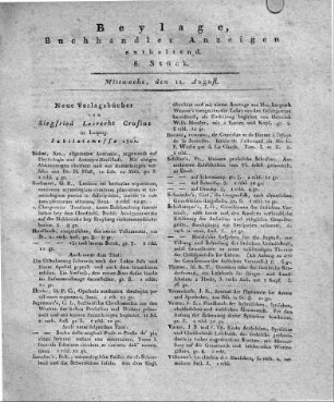 1802-08-11 : Beylage, Buchhändler Anzeigen enthaltend. 6. Stück.