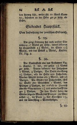 Siebendes Hauptstück. Von Aufreißung der jonischen Ordnung.