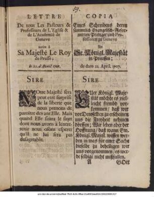 Lettre De tous Les Pasteurs & Professeurs de L'Eglise & de L'Academié de Geneve ecrite à Sa Majesté Le Roy de Prusse : le 22. d'Avril 1707.