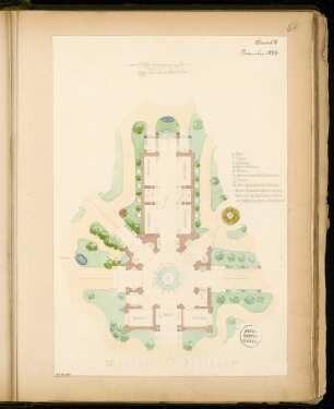Ausstellungsgebäude Monatskonkurrenz November 1874: Grundriss (mit Gartenplan); Maßstabsleiste, Legende