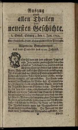 I. Stück. Coburg, den 1. Jan. 1752.