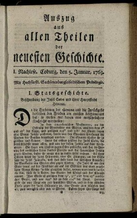 I. Nachlese. Coburg, den 5. Januar, 1763.