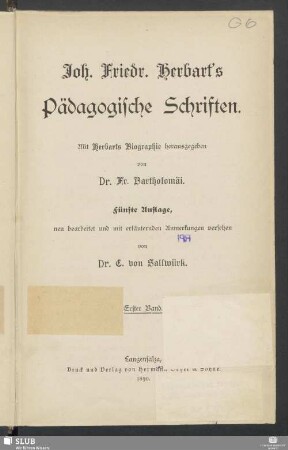 1. Band: Joh. Friedr. Herbarts Pädagogische Schriften : mit Herbarts Biographie