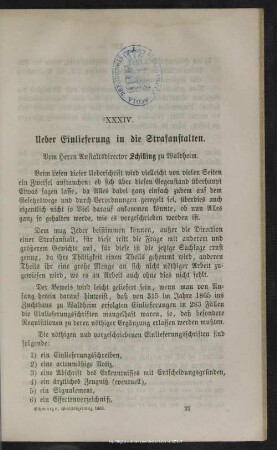 XXXIV. Ueber Einlieferung in die Strafanstalten