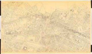 Sanierung Kreuzberg, Berlin Untersuchungen und Planungen von Werner March: Karte von Kreuzberg. Kennzeichnung des Sanierungsgebietes und der einzelnen Sanierungsblöcke mit zwei Schnellstraßenvarianten, 1:2000