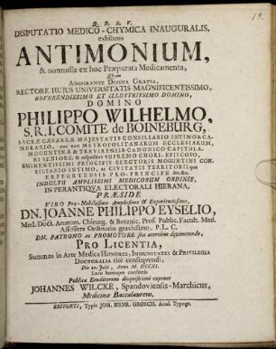 Disputatio Medico-Chymica Inauguralis, exhibens Antimonium, & nonnulla ex hoc Præparata Medicamenta