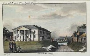 'Beschenkowiez' links Steingebäude 'bewohnt von Marschall Ney'; Aquarell; Rückseitenvermerk: 'nach Adam'