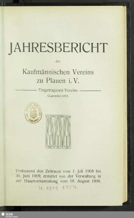 1908/09(1909): Jahresbericht des Kaufmännischen Vereins zu Plauen i. V.