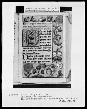 Niederdeutsches Stundenbuch (Lüning-Bergheim-Gebetbuch) — Textseite mit Bordürenrahmen und Initiale G, Folio 208recto