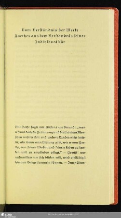 Vom Verständnis der Werke Goethes aus dem Verständnis seiner Individualität