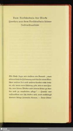 Vom Verständnis der Werke Goethes aus dem Verständnis seiner Individualität