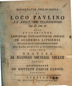 Diss. philol. de loco Paulino ex Epist. ad Colossenses cap. II, comm. 18