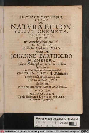 Disputatio Metaphysica Prima De Natura Et Constitutione Metaphysices