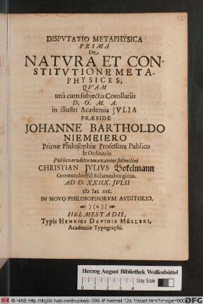 Disputatio Metaphysica Prima De Natura Et Constitutione Metaphysices