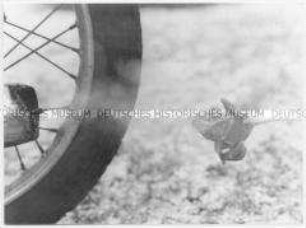 Verblühte Tulpe vor Moped-Auspuff (Sonderthema: Umweltschutz - Umweltzerstörung)
