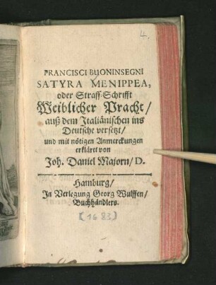 Francisci Buoninsegni Satyra Menippea, oder Straff-Schrifft Weiblicher Pracht
