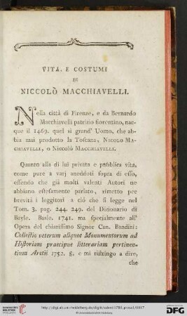 Vita, e costumi di Niccolò Macchiavelli