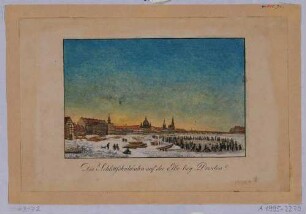 Stadtansicht von Dresden, Blick vom Ausschiffungsplatz am linken Elbfer nach Südwesten auf die Altstadt und die Augustusbrücke im Hintergrund, im Vordergrund Schlittschuhläufer auf der zugefrohrenen Elbe