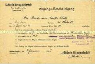 Bescheinigung über das Ausscheiden einer Arbeiterin aus einem Betrieb