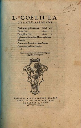 L. Coelii Lactantii Firmiani Diuinarum institutionum Libri VII ... : Praeterea ... index ...
