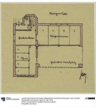Darmstadt, Stallgebäude mit Kutscherwohnung für Julius Glückert, Skizzenblatt mit Grundriss