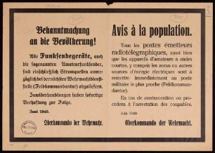"Bekanntmachung an die Bevölkerung! Alle Funksendegeräte ... abzuliefern" (O/1497)