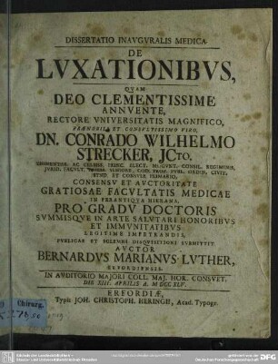 Dissertatio Inauguralis Medica De Luxationibus