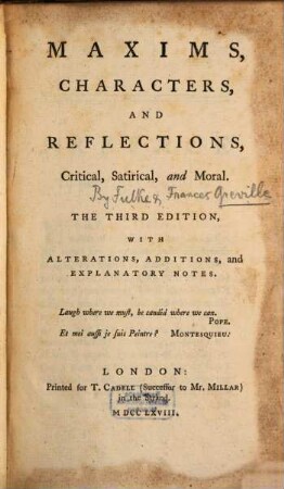 Maxims, characters and reflections ... : critical, satirical and moral