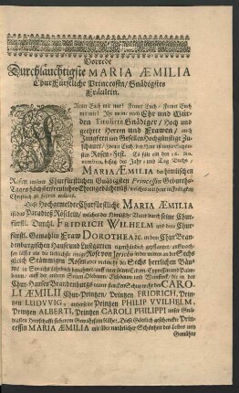 Vorrede Durchläuchtigste Maria Aemilia ChurFürstliche Princessin/ Gnädigstes Fräulein