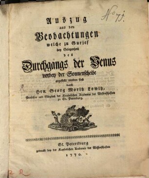 Auszug aus den Beobachtungen welche zu Gurjef, bey Gelegenheit des Durchgangs der Venus bey der Sonnenscheibe angestellt worden sind