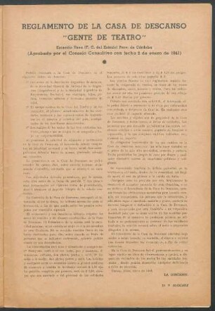 Reglamento de la casa de descanso "Gente de teatro " : Estación Thea ( F. C. del Estada) Prov. de Córdoba (Aprobado por el Consejo Consultivo con fech 2 de enero de 1941) La comisión